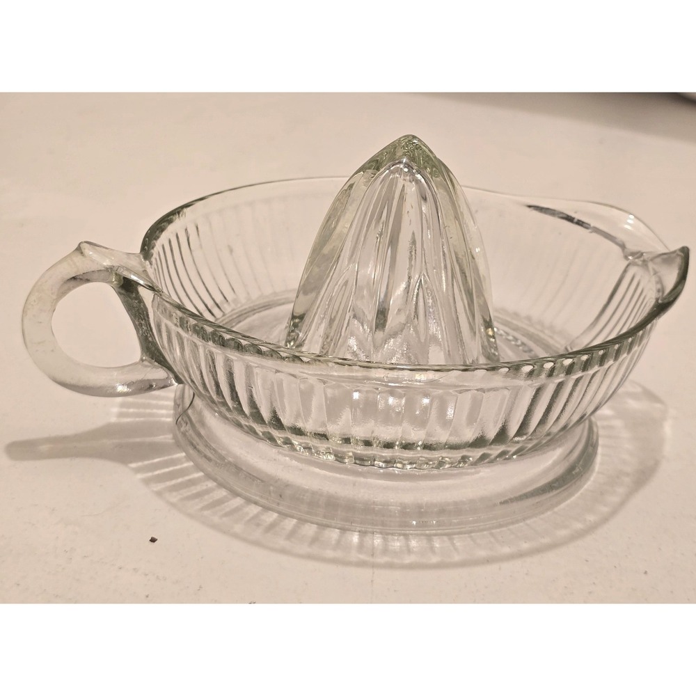 Vintage Clear Glass Citrus Juicer with Handle and Pour Spout Ribbed Design